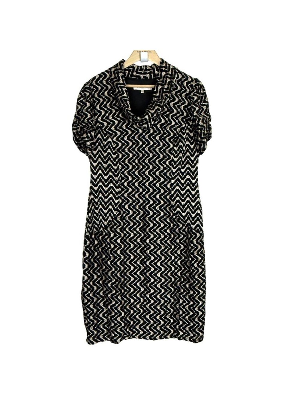 Vtg Y2K Evan Picone Cowl Neck Dress Sz 16 Short Sleeve Ruched Zigzag Black Gold